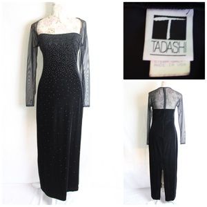 Tadashi Black Velvet Mesh Gown Sz Large Beaded